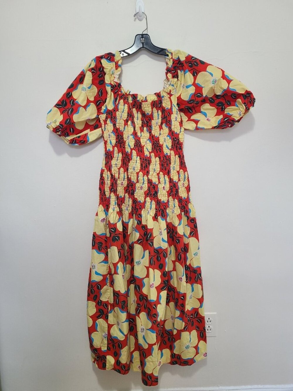 RHODE Ines Floral Puff Sleeve Midi Dress size XL Red Yellow